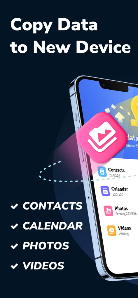 Data Transfer - Copy My Data - Écran de l'application montrant les options pour copier les contacts, le calendrier, les photos et les vidéos vers un nouvel appareil