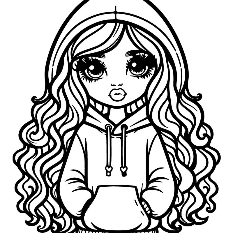 only one teenage girl with long curled hair and over sized hoodie standing short eyelashes and lips