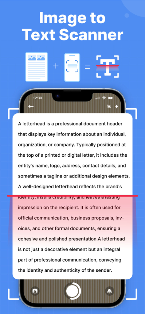 Picture To Text: Image To Text - La interfaz de un teléfono móvil escaneando un documento impreso para convertir su imagen en texto digital editable.