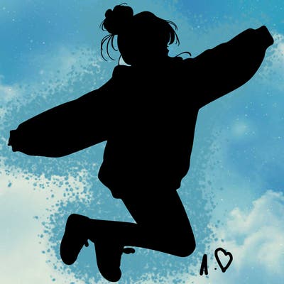 realistic girl jumping with a bun and oversized sweatshirt