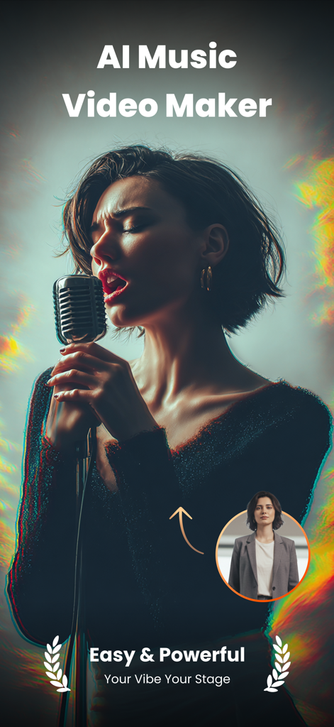 VibeMe AI: Music Video Maker - A woman transformed from a static photo into a cinematic singing video using VibeMe AI