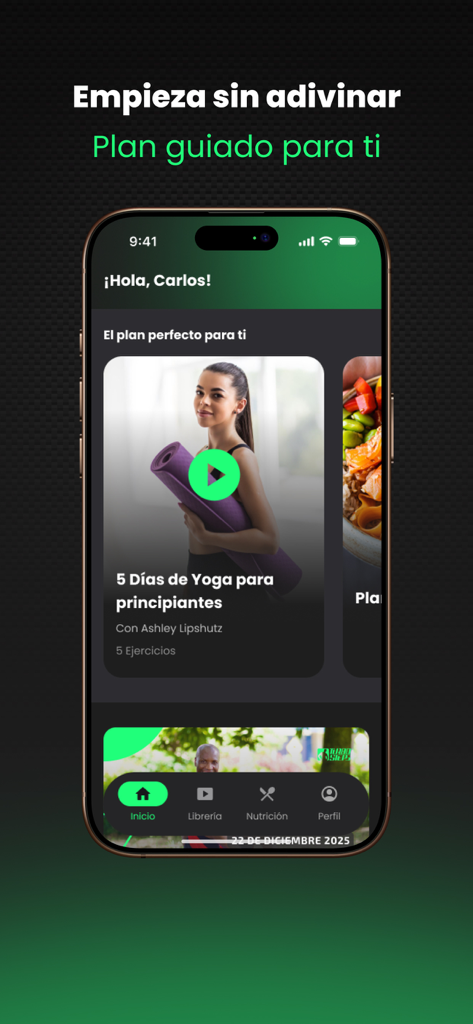 Pantalla principal de la aplicación móvil TurboSteps que muestra un plan de yoga guiado para principiantes