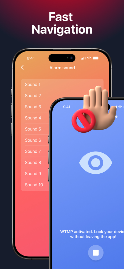 Interface of the WTMP app showing alarm sound settings and the security activation screen