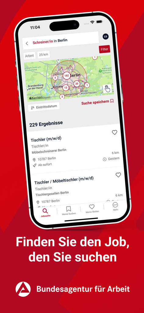 Jobsuche – Jobportal der BA - Mobile app interface of Jobsuche showing job openings for carpenters on a map of Berlin