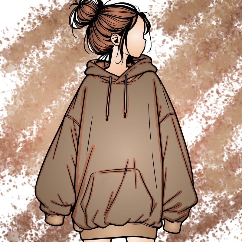 realistic girl with a oversized sweatshirt on and a bun