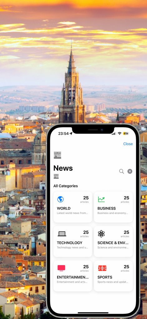 Radios Españolas en directo - Sección de noticias de la app de radio española mostrando categorías para mundo, negocios, tecnología y deportes