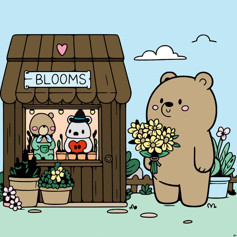 bear next to a flower shop called blooms