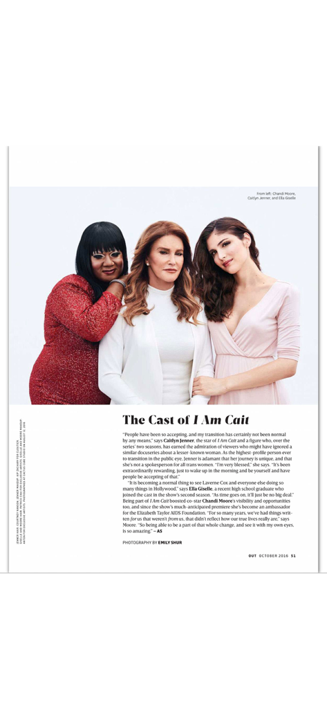 OUT Magazine - Eine digitale Seite aus dem OUT Magazine mit dem Titel The Cast of I Am Cait, die Caitlyn Jenner und Darstellerinnen zeigt.