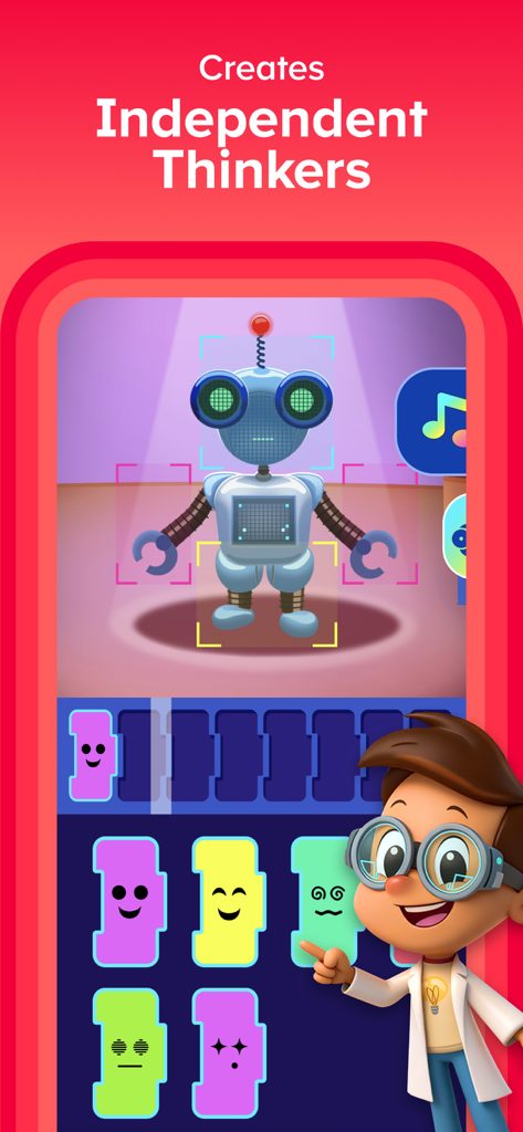 ABCmouse app interface showing a robot coding game designed to create independent thinkers