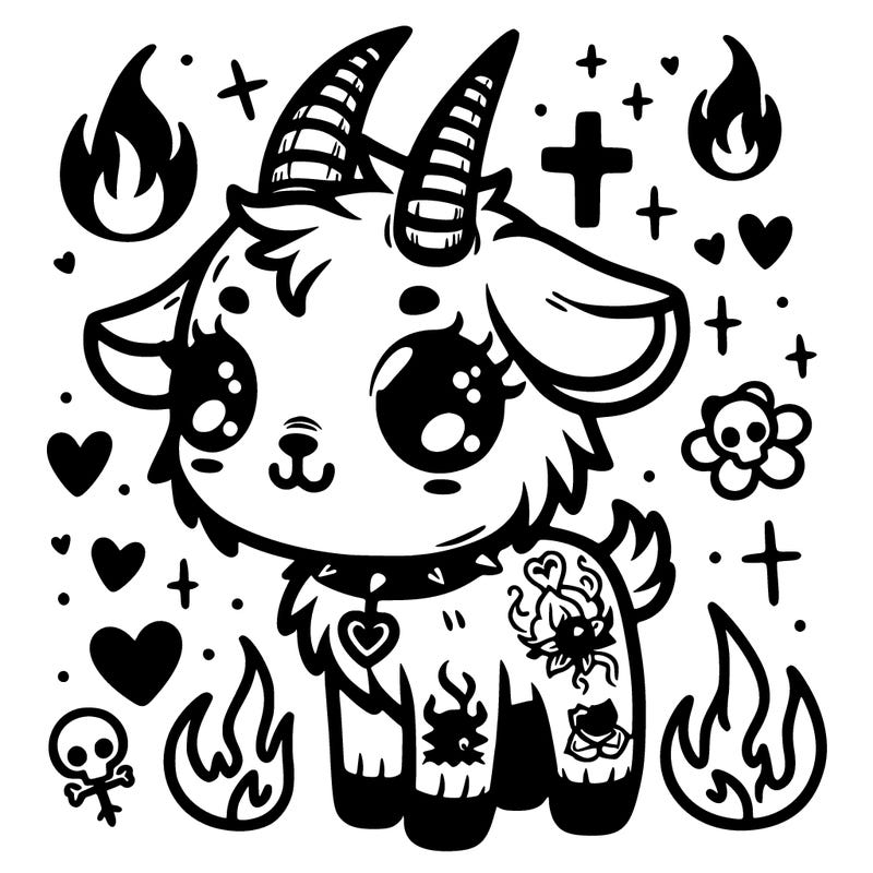 cute gothic goat with fire, hearts and crosses