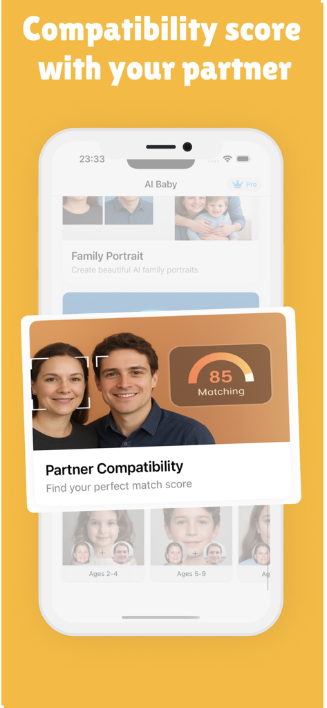 Baby Face Generator - Predict - Partner compatibility feature in the Baby Face Generator app showing a matching score for a couple.