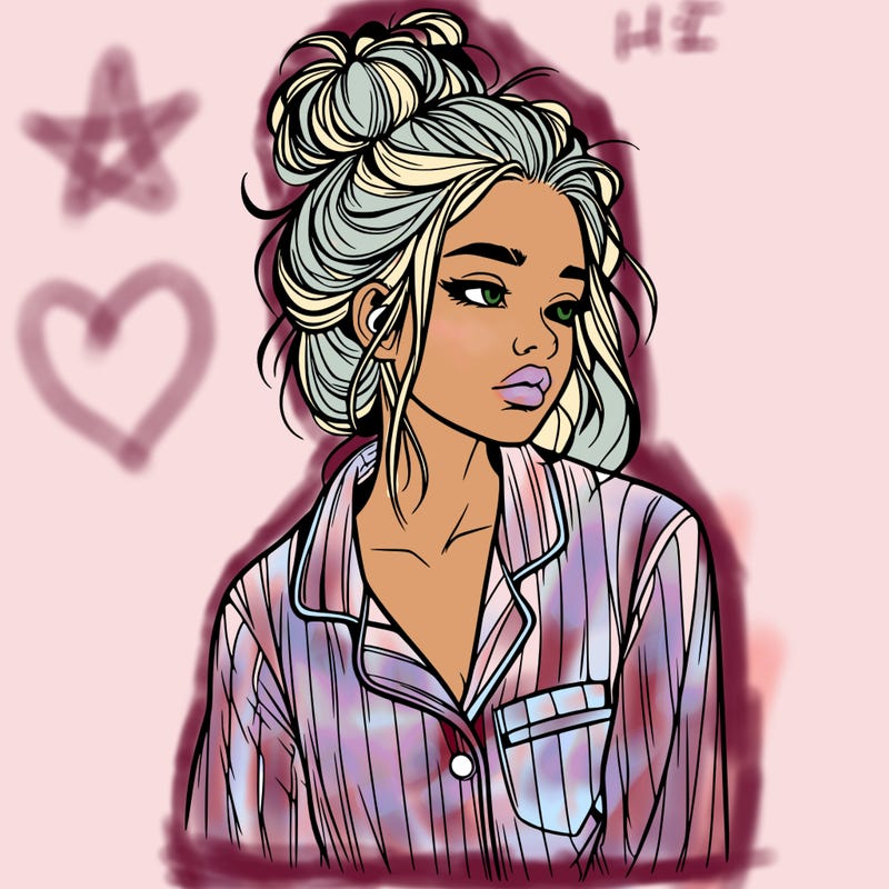 realistic woman with pajamas on and a messy bun