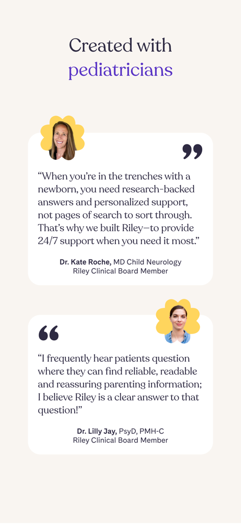 Riley: Baby Development Coach - Testimonianze di esperti medici e membri del comitato clinico che approvano l'app Riley per lo sviluppo del bambino