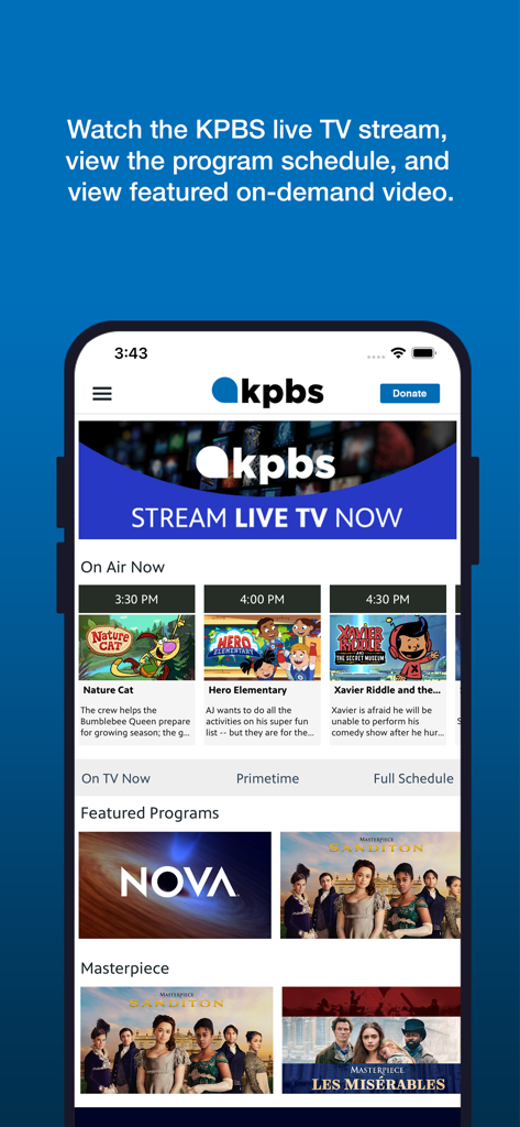KPBS mobile app interface for watching live TV and on demand programs