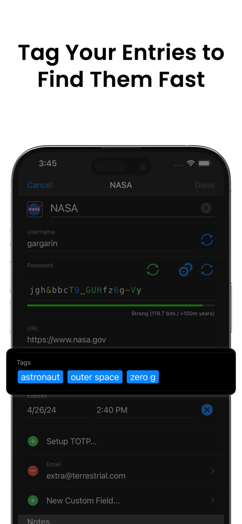 Strongbox - Password Manager - Interface de l'application Strongbox montrant des étiquettes personnalisées comme astronaute et espace ajoutées à une entrée de mot de passe pour une recherche rapide.