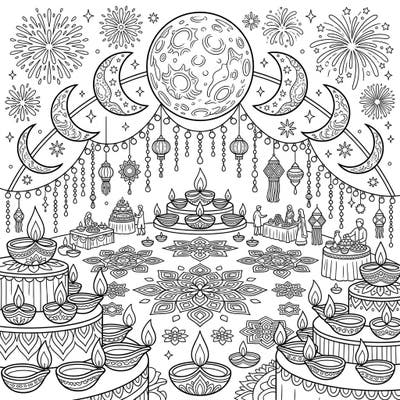 Immerse yourself in the magic of Diwali with this enchanting coloring page, where traditional festivities meet the serene beauty of the cosmos. Featuring a grand full moon overseeing a vibrant scene of diyas, rangoli, and celebration, it's perfect for capturing the spirit of the festival.