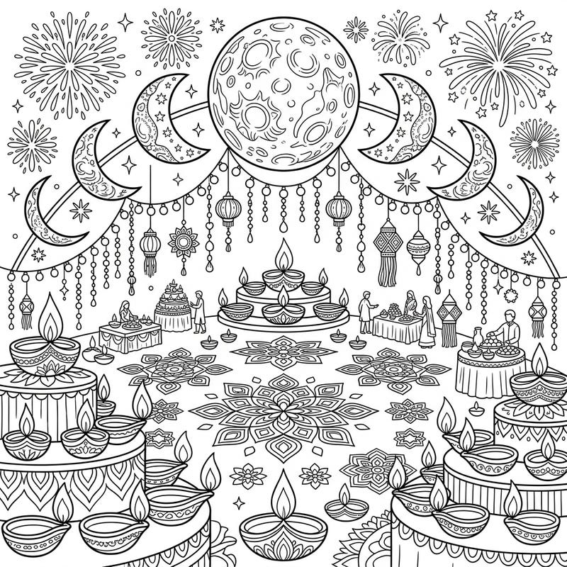 Immerse yourself in the magic of Diwali with this enchanting coloring page, where traditional festivities meet the serene beauty of the cosmos. Featuring a grand full moon overseeing a vibrant scene of diyas, rangoli, and celebration, it's perfect for capturing the spirit of the festival.