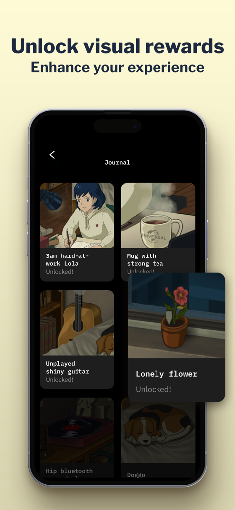 Lola: Stream Lofi Music - Écran du journal de l'application Lola affichant des récompenses visuelles débloquées et des illustrations lofi cosy.