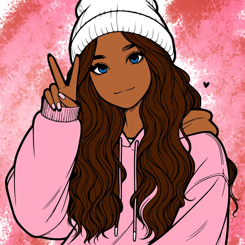 a teenage girl in a beanie, oversized sweatshirt, wavy long hair, and is showing a ✌️