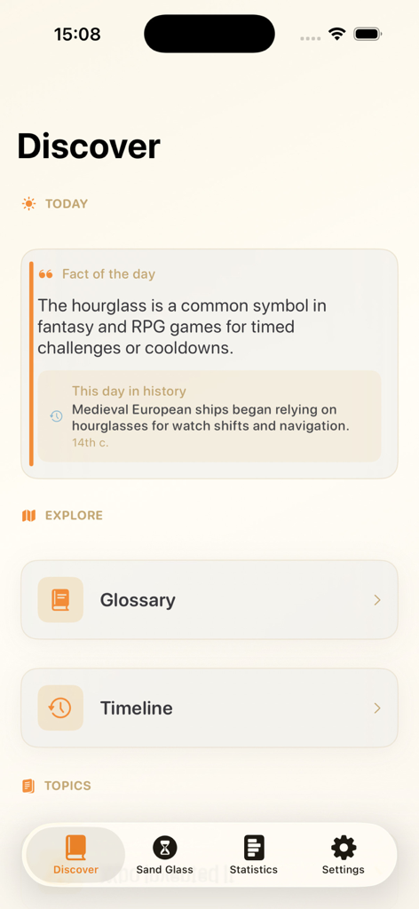 Hourglass Story - Screenshot of the Discover page in the Hourglass Story app featuring a fact of the day about hourglasses in RPG games and historical trivia.