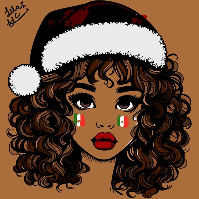 realistic girl with a santa hat curly hair and lips