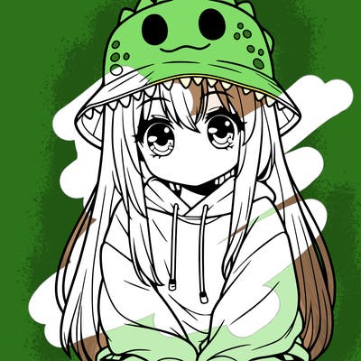girl with anime shaped eyes with a dinosaur bucket hat oversized sweatshirt long straight hair