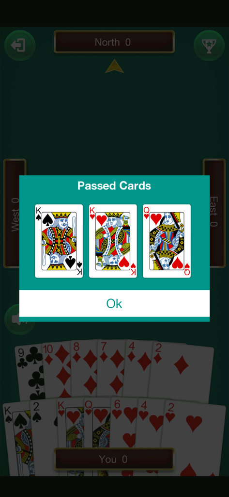 Gameplay of Hearts card game showing a popup of passed cards.