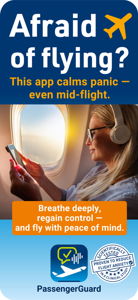 PassengerGuard: Fear of Flying - Una mujer usando la aplicación PassengerGuard en un avión para calmar la ansiedad al volar y los ataques de pánico con auriculares