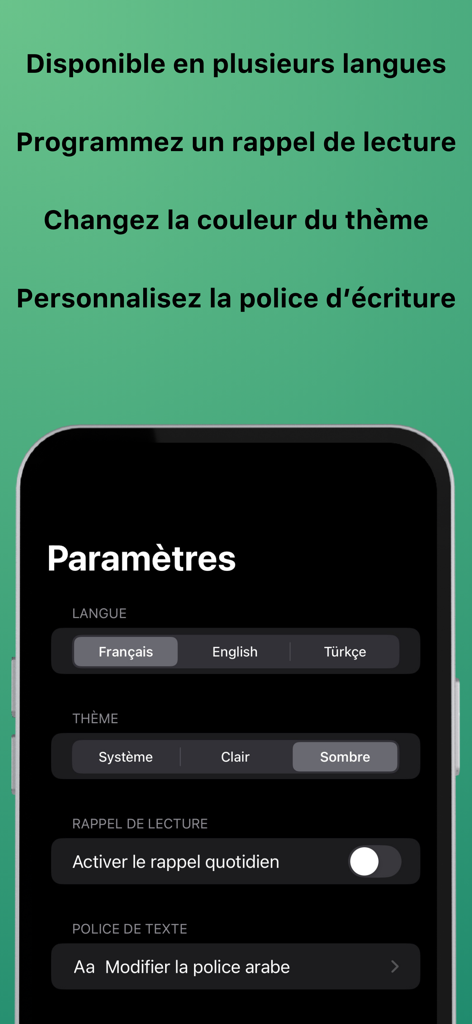 Surah - Settings menu of the Surah app showing language selection, theme options, and reading reminders.