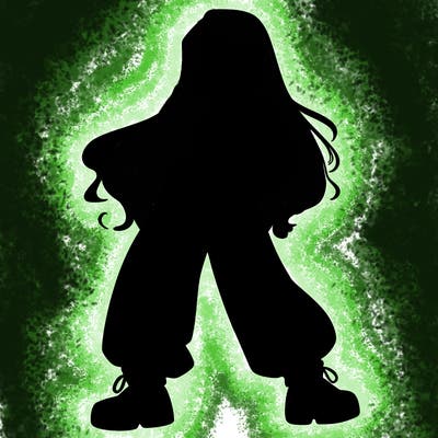 girl in baggy pants crop top and long hair