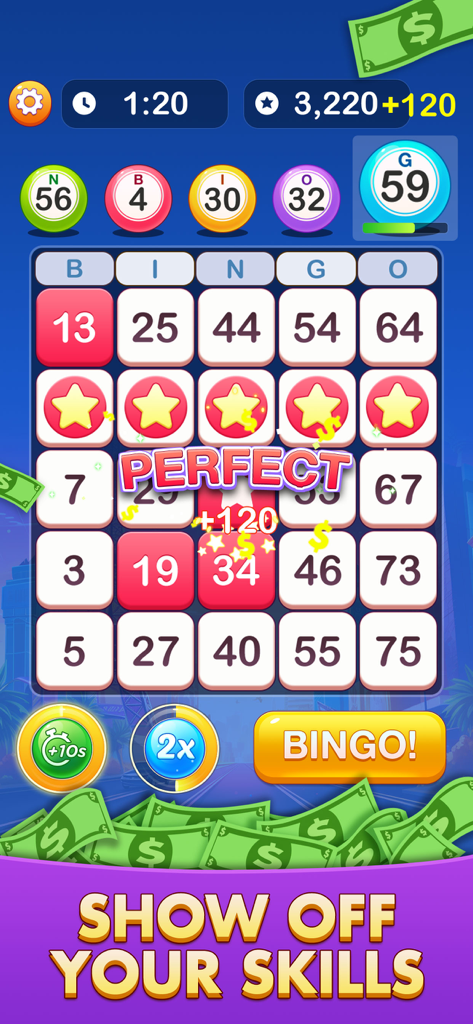 Bingo: Real Money Game - Gameplay screenshot of Bingo Real Money Game showing a perfect score on a bingo card with skill based power ups