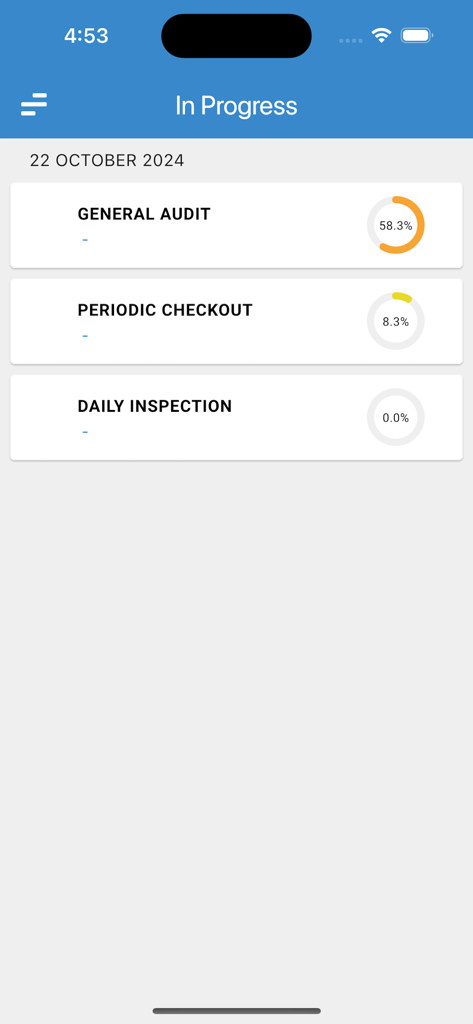Safety Inspector - Safety Inspector app interface displaying a list of in progress audits and inspections with completion percentages.