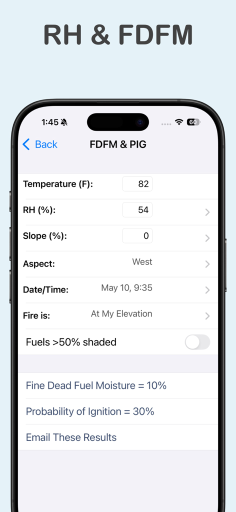 Wildland Toolkit - Wildland Toolkit app interface showing fine dead fuel moisture and probability of ignition calculation results.