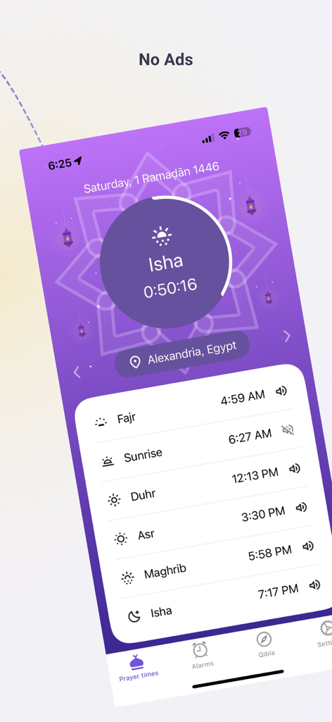 Fajr: Fajr Alarm, Prayer Times - Fajrアプリのメイン画面のスクリーンショット。毎日の礼拝時間とイシャーのカウントダウンが表示されています。