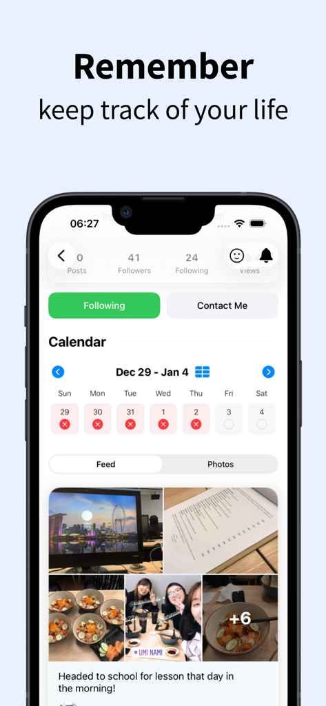 BlogIt - diary, journal, blog - BlogIt app interface showing a calendar with mood tracking icons and a photo journal feed of daily life activities.