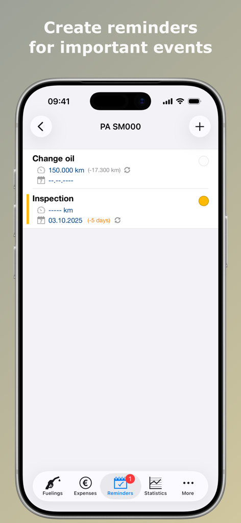 Tela do aplicativo Spritmonitor mostrando lembretes de manutenção para trocas de óleo e inspeções do veículo.