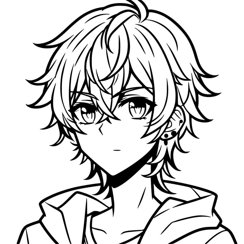 teen anime boy shoulder length hair and pierced ears