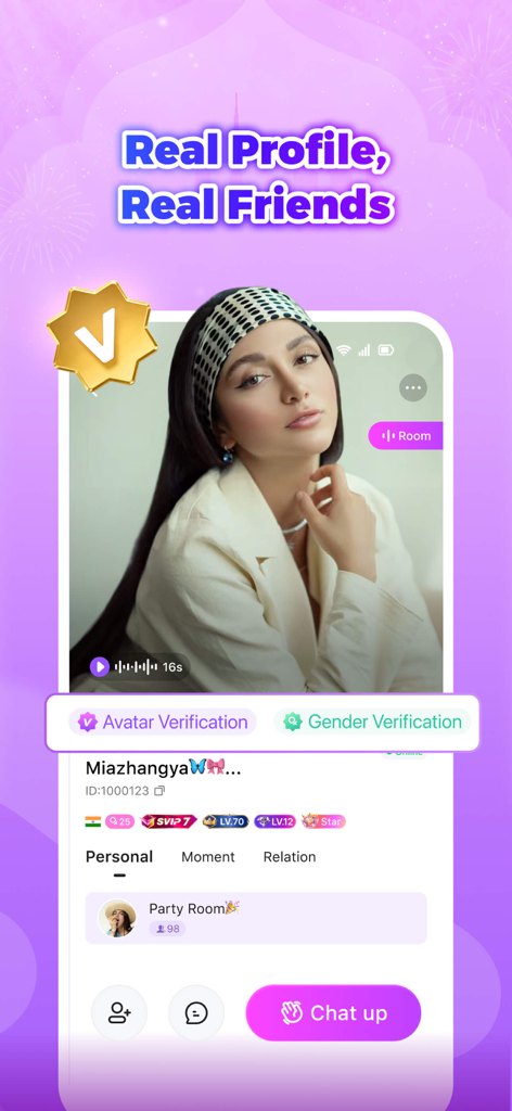 Yoki 앱 인터페이스, 아바타 및 성별 인증 아이콘이 있는 인증된 사용자 프로필 표시