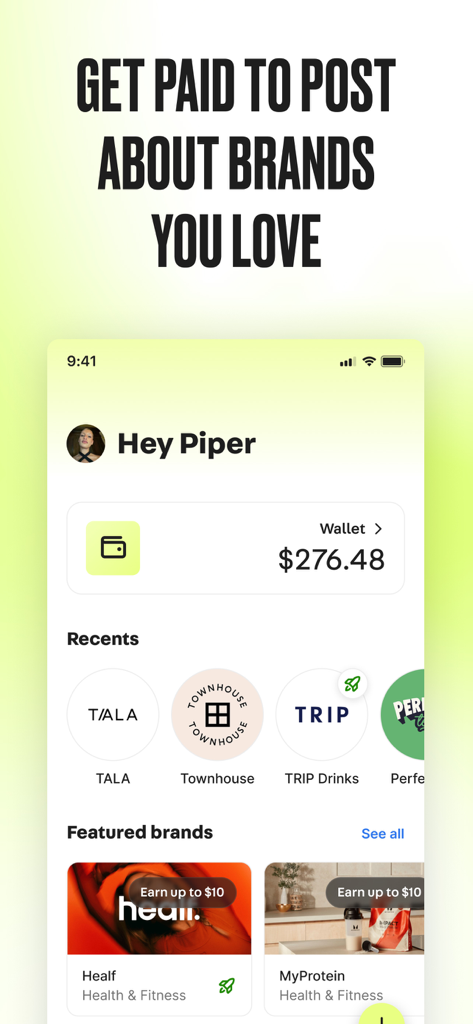 Social Tip: Post & Earn - A mobile screen showing the Social Tip app interface with a wallet balance and a list of brands available for content creation rewards.
