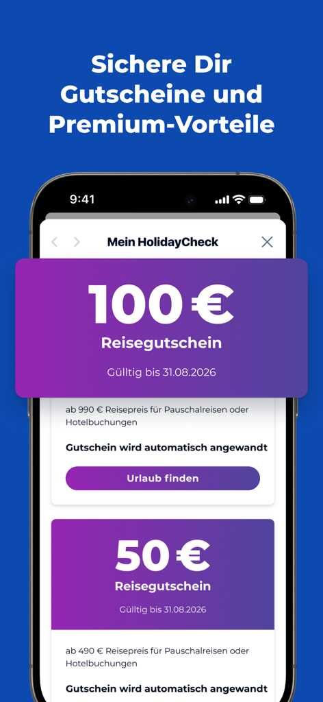 HolidayCheck - Travel & Hotels - Pantalla de smartphone que muestra vales de viaje de HolidayCheck por 100 y 50 euros.