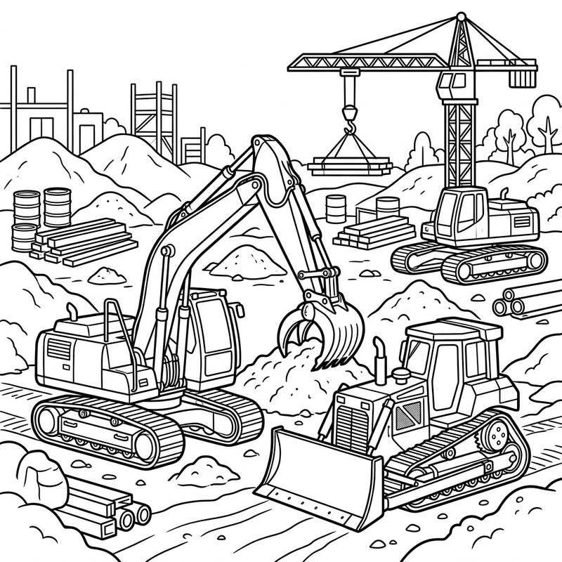 Get ready for a busy day at the construction site with this fun coloring page featuring powerful vehicles. Little artists will love bringing these excavators, bulldozers, and cranes to life with their favorite colors.