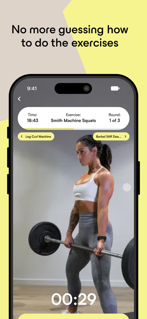 Fitness video tutorial of a woman lifting weights on the OWNU workout app screen