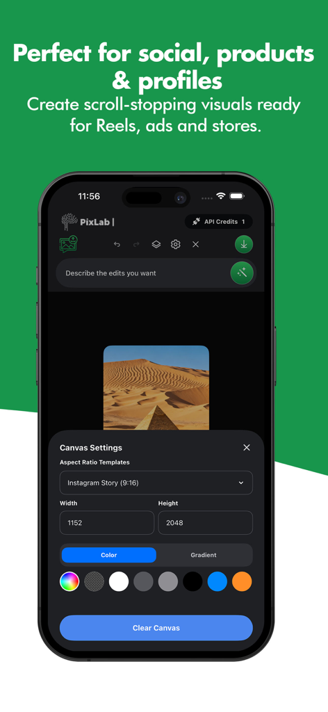 PixLab: AI Prompt Photo Editor - Interface do aplicativo PixLab mostrando configurações de tela para um modelo de Story do Instagram.
