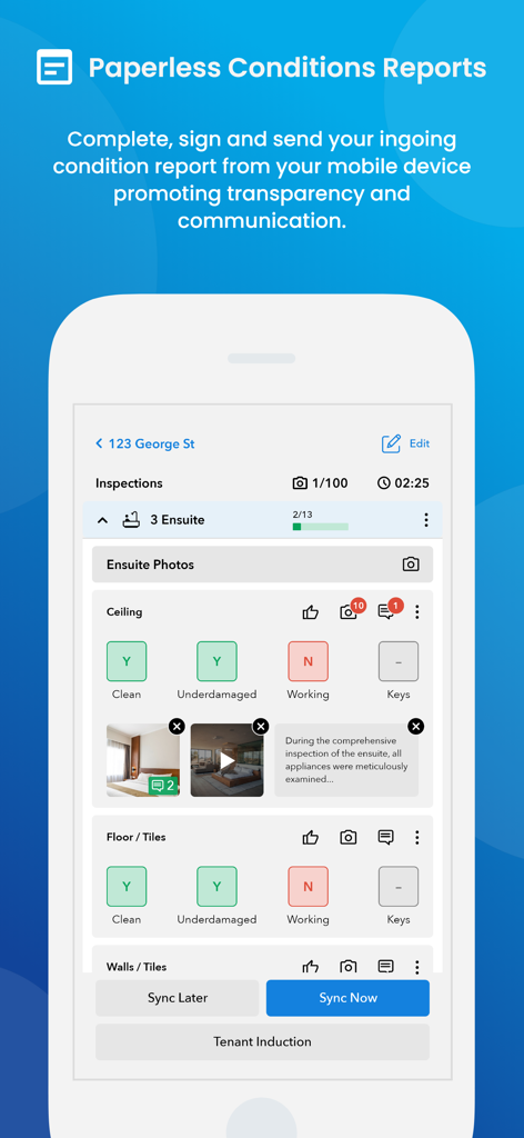 Proptech Labs Property Manager - Proptech Labs app screen showing a digital property inspection and condition report for an ensuite