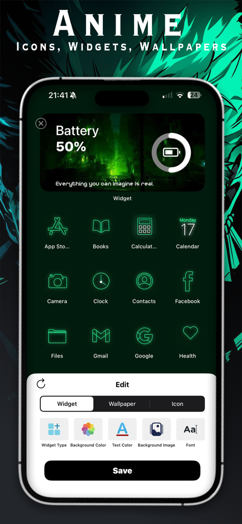 Anime Theme: Icons, Widgets - Mobile app interface for customizing green anime icons and battery widgets