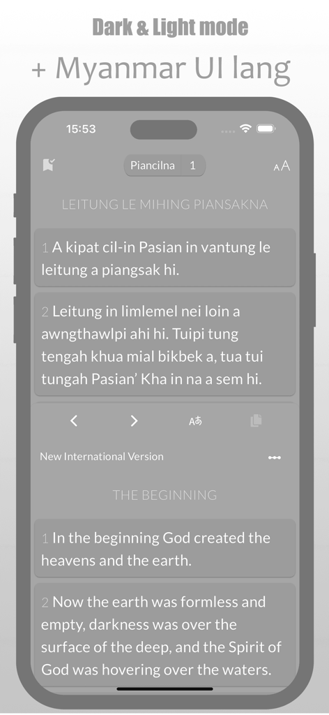 A smartphone showing the Lai Siangtho app with parallel Bible verses in a Myanmar dialect and English