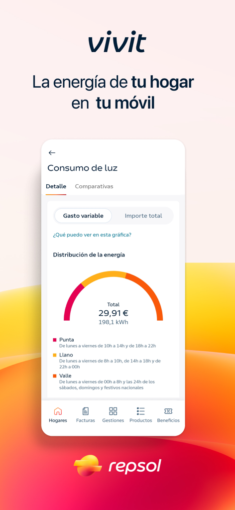 Repsol Vivit - Pantalla de la aplicación Repsol Vivit que muestra el consumo de electricidad y la distribución de energía.