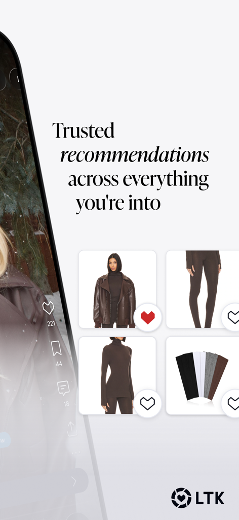 LTK app interface showing creator recommendations for fashion items like a brown jacket and turtleneck with heart icons to save products.