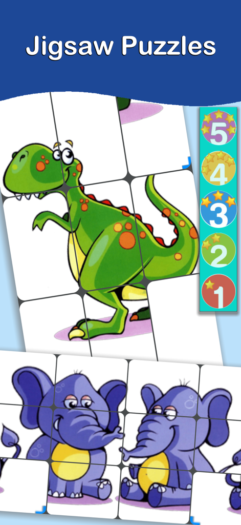 123 Numbers Flashcards - Rompecabezas educativos para niños con un dinosaurio verde y elefantes morados con un selector de dificultad de 5 niveles