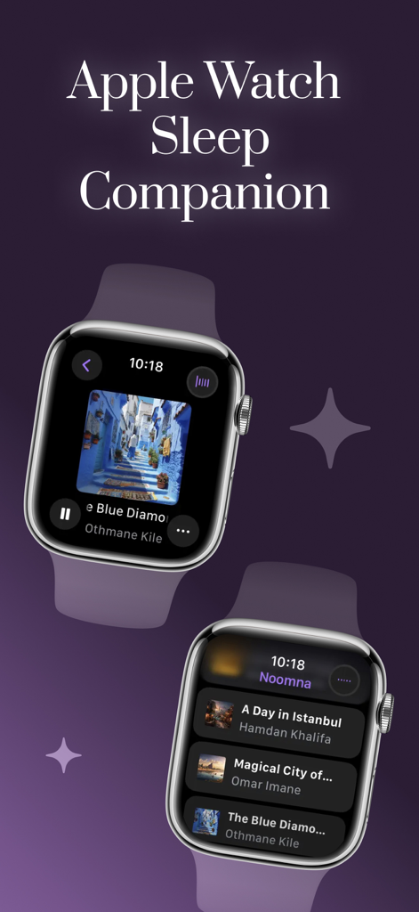 Wahha - Quran Stories - Two Apple Watches showing the Wahha sleep story playlist and audio player on a purple background.